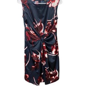 Ann Taylor sheath sleeveless dress tie in front at waistline blue w/red floral